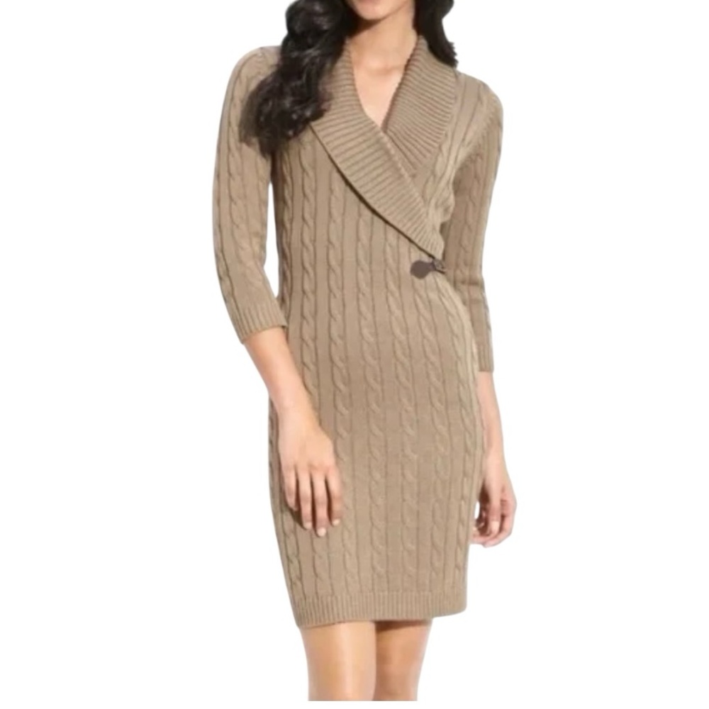 NWT Calvin Klein Belted Taupe Cable Knit Sweater Midi Dress